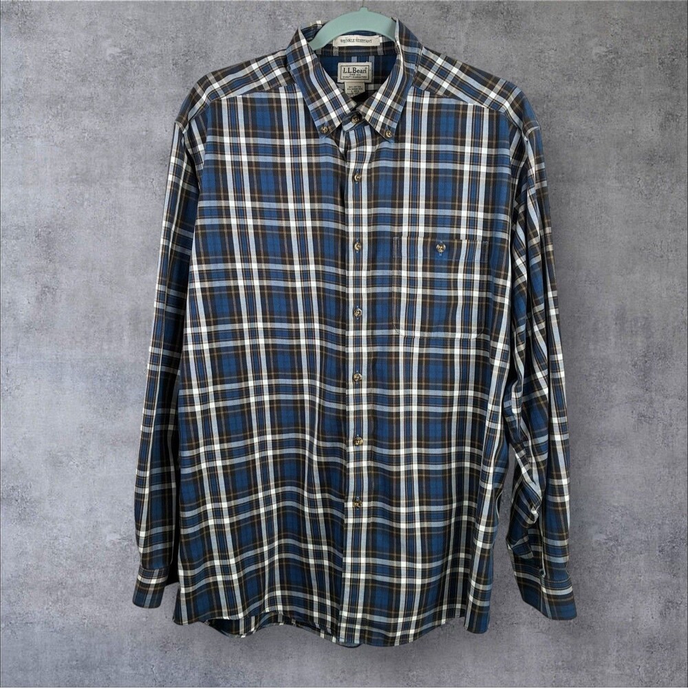 LL Bean Button Down Shirt Mens Large Plaid Merino Wool Cotton Long Sleeve 285279